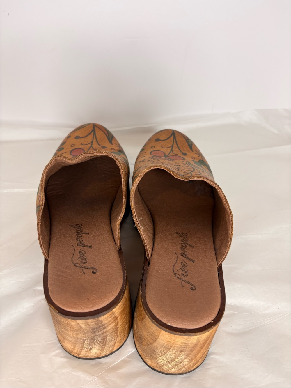 Free People Tan Floral Leather Platform Clogs with Green Accents - Picture 12 of 14